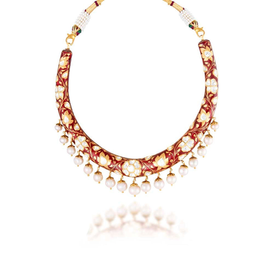 Trandy Chokar Kundan Enamel Gold Set With Pearls