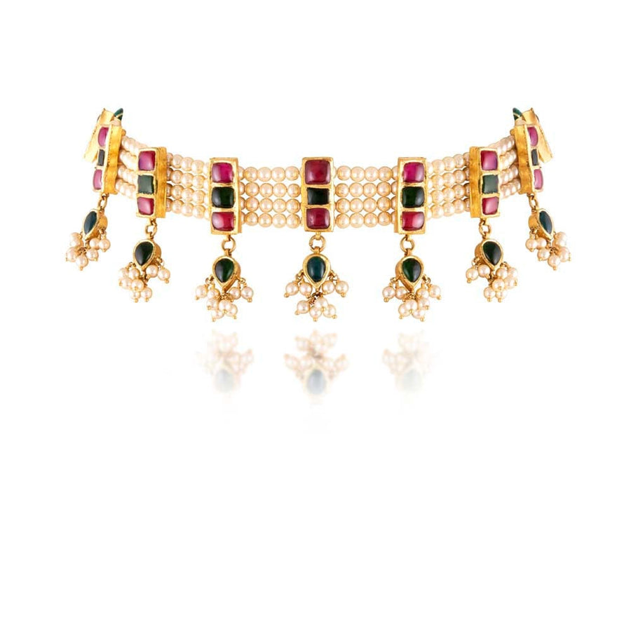 Trandy Pearl Kundan Set Studded With Color Stone